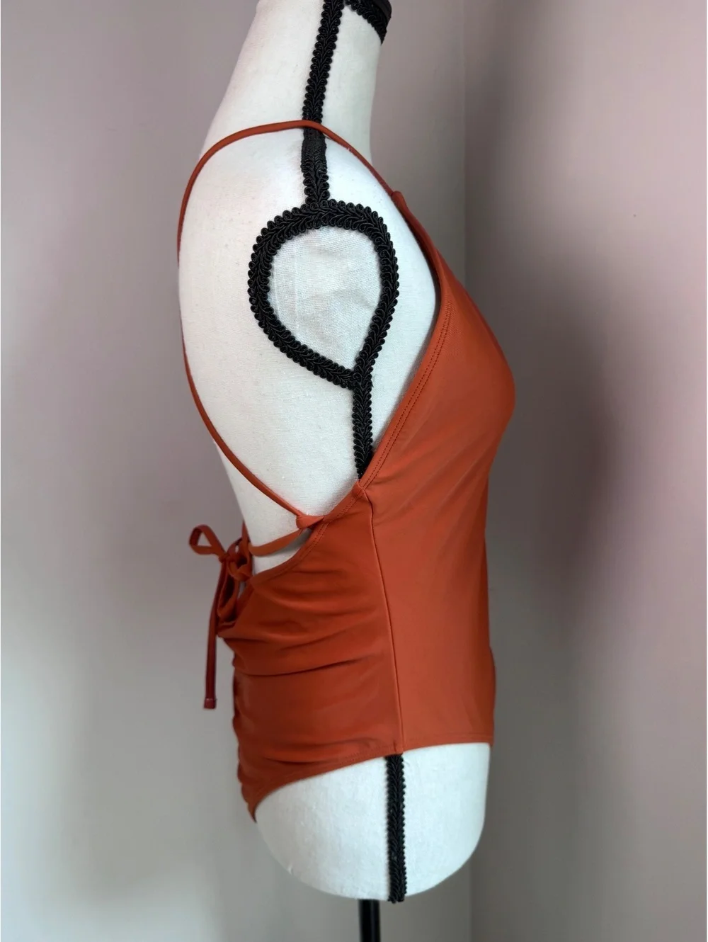 Rust Orange Women's One-Piece Swimsuit with Cross Back and Tie Detail - Size Not